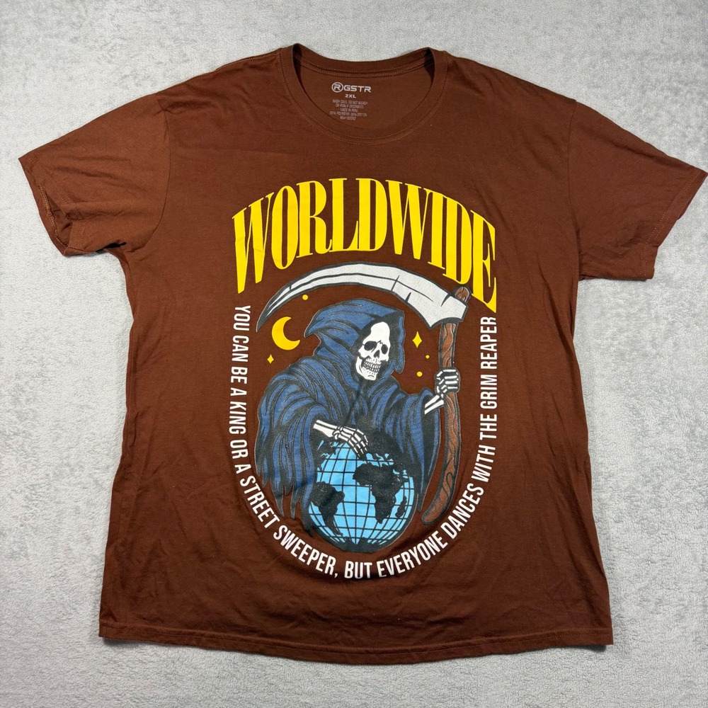 RGSTR Grim Reaper Graphic‎ Tee Mens 2XL Brown Worldwide Skeleton T-Shirt